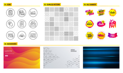 Obraz premium Seamless pattern. Shopping sale banners. Set of Approved checklist, Trade chart and Facts icons. Checklist, Idea and Vacancy signs. Quick tips, Mail correspondence and Technical algorithm symbols
