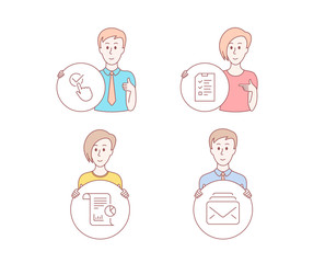 People hand drawn style. Set of Interview, Report and Checkbox icons. Mail sign. Checklist file, Work analysis, Approved. New messages.  Character hold circle button. Man with like hand. Vector