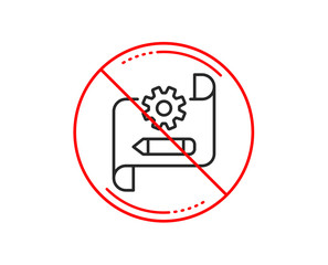 No or stop sign. Cogwheel blueprint line icon. Engineering tool sign. Edit settings symbol. Caution prohibited ban stop symbol. No  icon design.  Vector