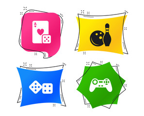 Bowling and Casino icons. Video game joystick and playing card with dice symbols. Entertainment signs. Geometric colorful tags. Banners with flat icons. Trendy design. Vector