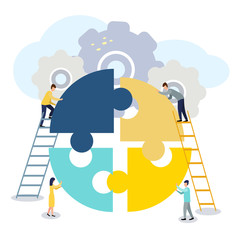 A group of businessmen involved in puzzle pieces, is to support the team, brainstorm or success