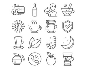 Set of Coffee, Tea cup and Teacup icons. Candy, Wine bottle and Mint leaves signs. Coffeepot, Tea and Frappe symbols. Cappuccino, Coffee with spoon, Lollypop. Vector