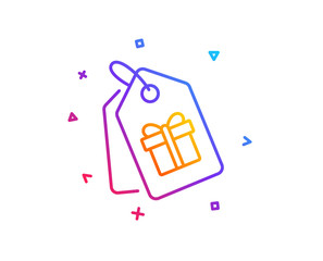 Coupons with Gifts line icon. Present box or Sale sign. Birthday Shopping symbol. Package in Gift Wrap. Gradient line button. Coupons icon design. Colorful geometric shapes. Vector