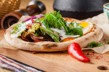 English Breakfast on a wooden table close-up