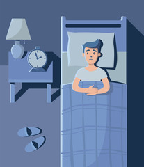 Man is lying in the bed with open eyes at night. Vector illustration.