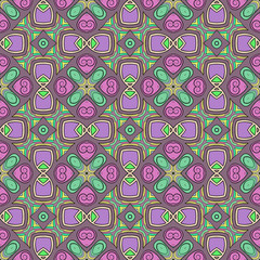 Seamless square pattern from circular abstract floral ornaments multicolored in green and purple shades on a dark background. Vector illustration. Suitable for fabric, wallpaper and wrapping paper