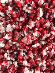 Bright red frozen berries of the forest cranberries sprinkled with pieces of ice