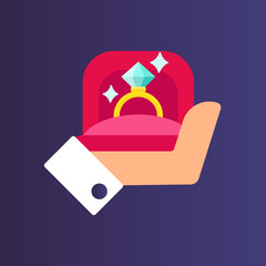 Hands holding gift box with gold wedding ring. Proposal for marriage, matchmaking and betrothal. Flat vector cartoon illustration.