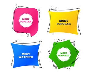 Most popular star icon. Most watched symbols. Clients or users choice signs. Geometric colorful tags. Banners with flat icons. Trendy design. Vector © blankstock