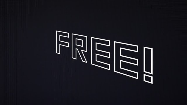 A wireframe animated text, Free, spinning around its axis. Retro futuristic obsolete style (computer-generated imagery from the 1980s).
