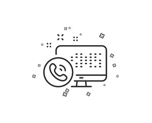 Web call center service line icon. Phone support sign. Feedback symbol. Geometric shapes. Random cross elements. Linear Web call icon design. Vector