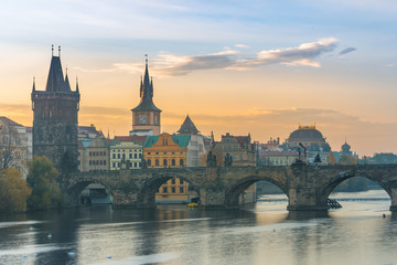 Fototapeta na wymiar prague river bank and old town at background, czech republic