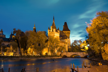 Vajdahunyad castle in Budapest at night