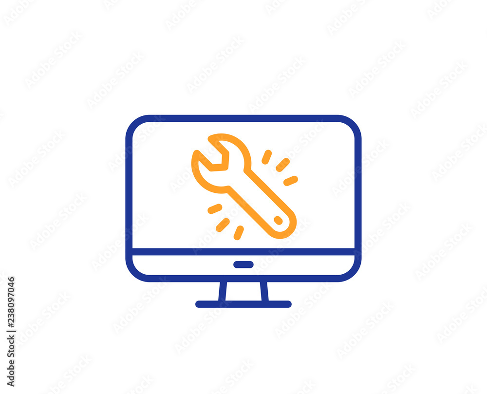 Poster spanner tool line icon. monitor or computer repair service sign. fix instruments symbol. colorful ou