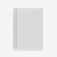 Rectangular vector blank gray realistic book cover mockup, closed organizer or notebook cover template with sheet of A4. Front view of elegant light grey notepad with binding mock up