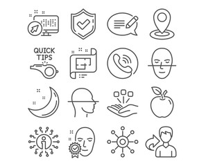 Set of Tutorials, Face scanning and Architectural plan icons. Location, Face verified and Consolidation signs. Message, Multichannel symbols. Quick tips, Faces detection, Technical project. Vector
