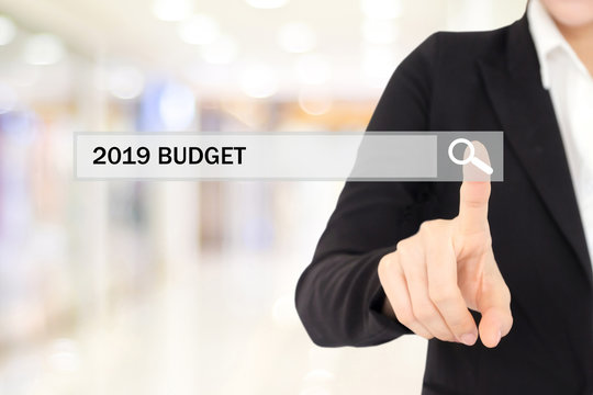 Businesswoman hand touching 2019 budget on search bar over blur office background, success in business concept