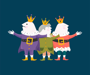 Vector Illustration for Three Kings Day, also known as Little Christmas or Epiphany. Cartoon styled Epiphany Day Three Kings embracing each other.