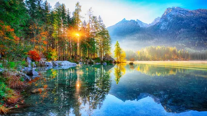 Acrylic prints Lake / Pond Beautiful autumn sunrise scene with trees near turquoise water of Hintersee lake