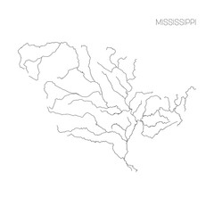 Obraz premium Map of Mississippi river drainage basin. Simple thin outline vector illustration.