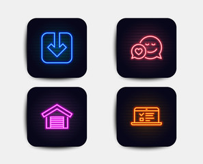 Neon glow lights. Set of Parking garage, Load document and Dating icons. Web lectures sign. Car place, Download arrowhead, Love messenger. Online test.  Neon icons. Glowing light banners. Vector