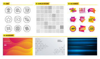 Seamless pattern. Shopping mall banners. Set of Internet search, Approved agreement and Timer icons. Metro subway, Video camera and Technical algorithm signs. Vector