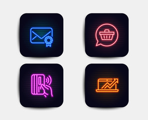 Neon glow lights. Set of Contactless payment, Shopping cart and Verified mail icons. Sales diagram sign. Bank money, Dreaming of gift, Confirmed e-mail. Sale growth chart.  Neon icons. Vector