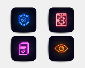 Neon glow lights. Set of Handout, Washing machine and Approved shield icons. Eye sign. Documents example, Laundry service, Protection. View or vision.  Neon icons. Glowing light banners. Vector