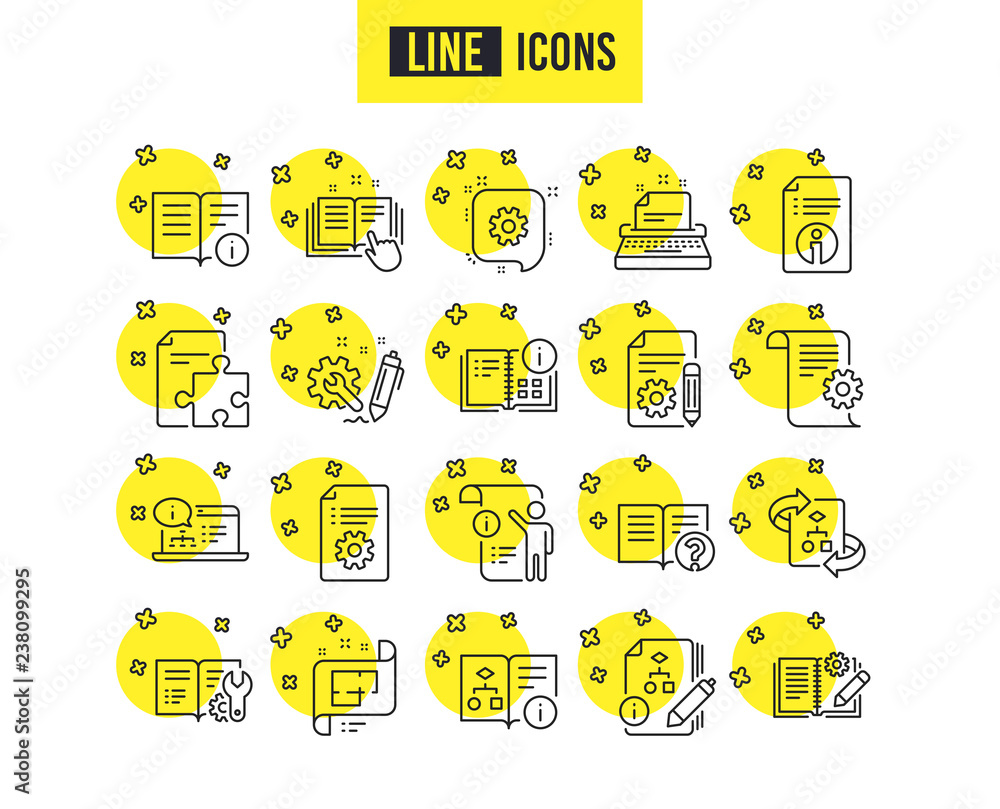 Aufkleber technical documentation line icons. set of instruction, plan and manual linear icons. help documents