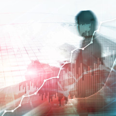 Business abstract background double exposure graph, chart and diagram. World wide map and. Global...