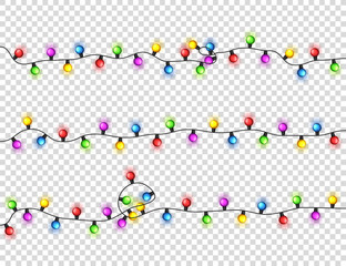 Christmas glowing lights. Garlands with colored bulbs. Xmas holidays. Christmas greeting card design element. New year,winter.