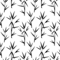 Seamless pattern with black bamboo leaves and sprouts branches in Japanese style, white background. Vector eps 10 illustration