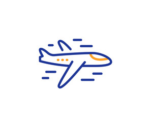 Airplane line icon. Plane flight transport sign. Aircraft symbol. Colorful outline concept. Blue and orange thin line color icon. Airplane Vector