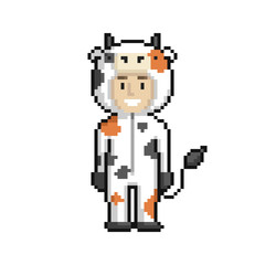 Сute cartoon kid in cow costume. Pixel art on white background. Vector illustration.