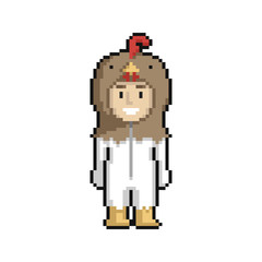 Сute cartoon kid in hen costume. Pixel art on white background. Vector illustration.