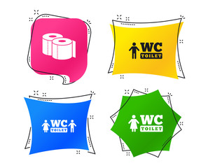Toilet paper icons. Gents and ladies room signs. Man and woman symbols. Geometric colorful tags. Banners with flat icons. Trendy design. Vector