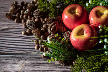 Christmas still life - apples, walnuts and hazelnuts