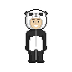 Сute cartoon kid in panda costume. Pixel art on white background. Vector illustration.