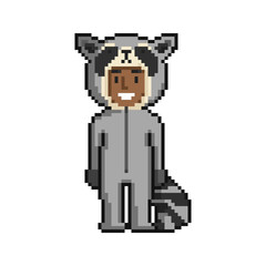 Сute cartoon kid in raccoon costume. Pixel art on white background. Vector illustration. © katerina_vitchenko