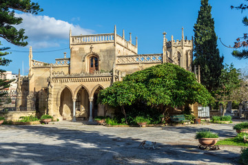 Fototapeta na wymiar Building at the entrance of Addolorata cemetery, Paola, Malta