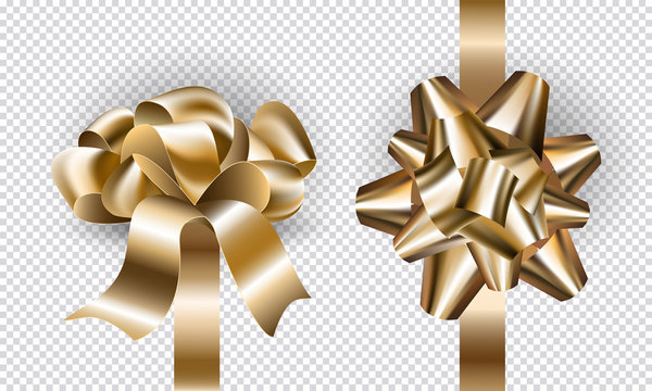 Gift holiday New Year bows and ribbons set for design. Realistic golden bow mock up top and side view with shadows isolated on transparent background. Vector illustration.