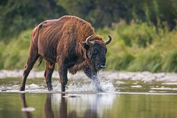Huge bull of european bison, bison bonasus, crossing a river. Majestic wild animal splashing water with droplets flying around. Dynamic wildlife scene with endangered mammal species in wilderness.