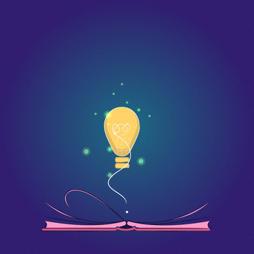 Flat design business Vector Illustration Empty copy space for Ad website promotion esp isolated Banner template. Illuminated Bulb Glow with Filament Hovering Over Open Pages Flipping Book