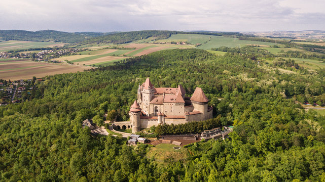 Beautiful aerial drone shot of Castle Kreuzenstein in Austria near Vienna
