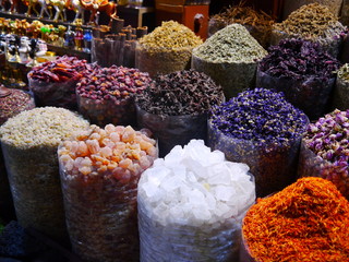 colorful display with spices and frankincense, Gold Souk (bazaar) in the old town of Dubai, United Arab Emirates, Middle East