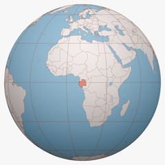 Gabon on the globe. Earth hemisphere centered at the location of the Gabonese Republic. Gabon map.