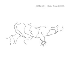 Map of Ganga and Brahmaputra rivers drainage basin. Simple thin outline vector illustration.