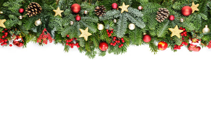 Christmas decorative background border with red bauble decorations, holly berries, spruce and pine cones