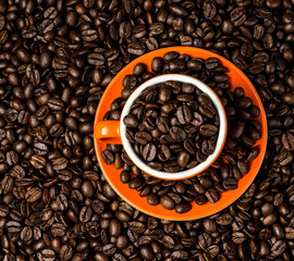 Brown roasted coffee beans, seed on dark background. Espresso dark, aroma, black caffeine drink. Closeup isolated energy mocha, cappuccino ingredient.