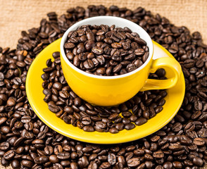Brown roasted coffee beans, seed on dark background. Espresso dark, aroma, black caffeine drink. Closeup isolated energy mocha, cappuccino ingredient.